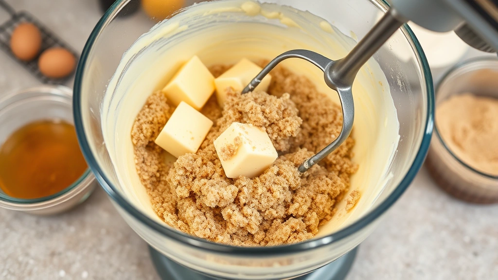 Close-up of creaming softened butter and brown sugar together in a mixing bowl using an electric mixer, showing light fluffy texture, kitchen counter setting with baking ingredients nearby