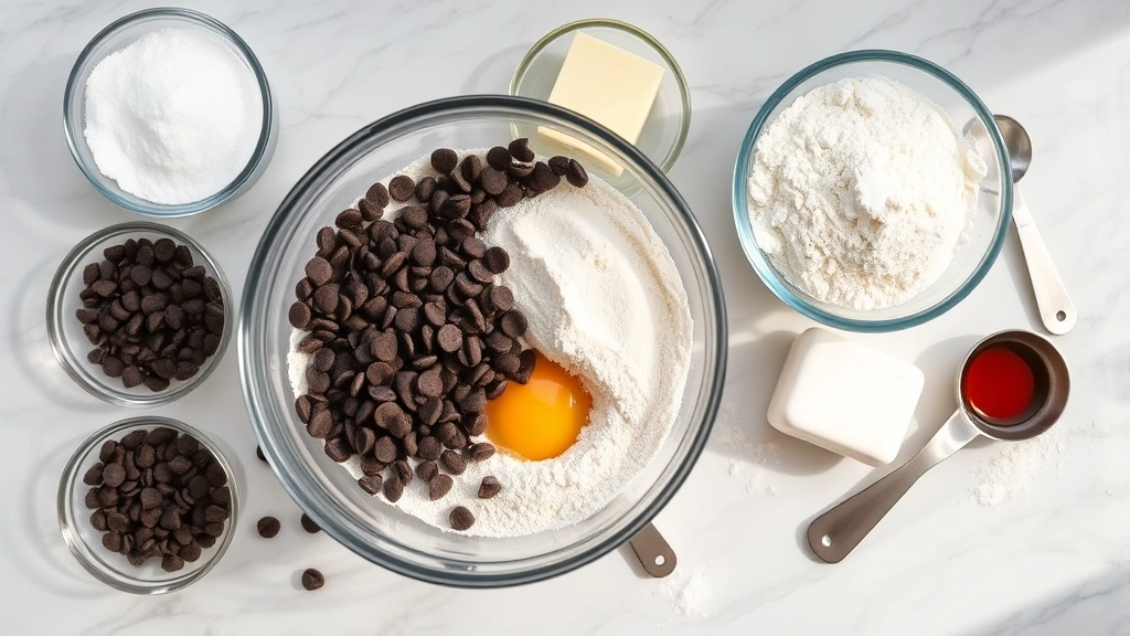 Flat lay arrangement of gluten-free baking ingredients: bowl of mixed flours, chocolate chips, eggs, butter, sugars, vanilla extract, and measuring spoons on a marble surface with natural window light