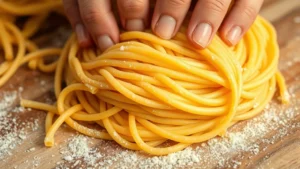 Close-up of golden gluten-free pasta dough being kneaded by hand on wooden surface, showing smooth elastic texture and rich color