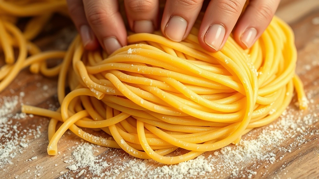 Close-up of golden gluten-free pasta dough being kneaded by hand on wooden surface, showing smooth elastic texture and rich color
