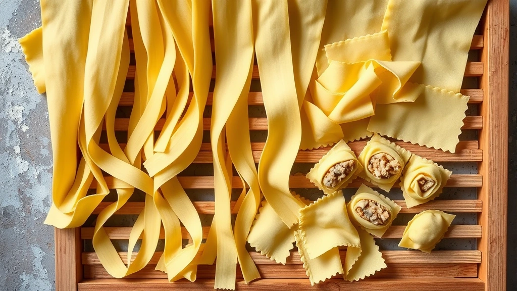 Overhead view of fresh homemade gluten-free pasta sheets draped over wooden pasta drying rack, with various shapes including pappardelle and filled ravioli visible