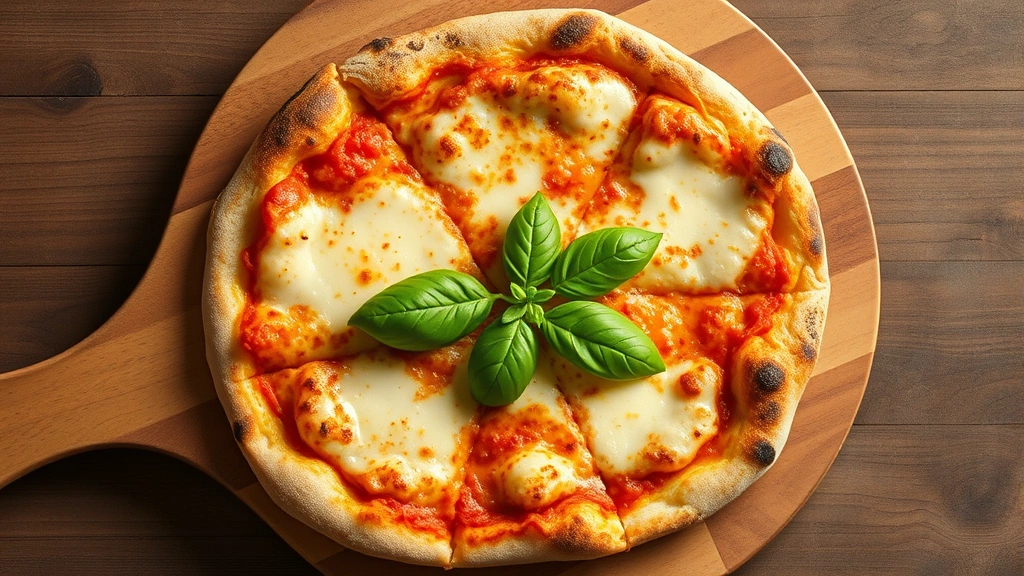 Overhead view of golden-brown crispy gluten-free pizza crust on wooden board with melted cheese and fresh basil garnish, steam rising, natural lighting