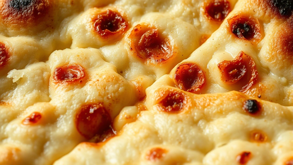 Close-up cross-section of gluten-free pizza crust showing airy interior crumb structure with crispy caramelized edges and char spots, freshly baked