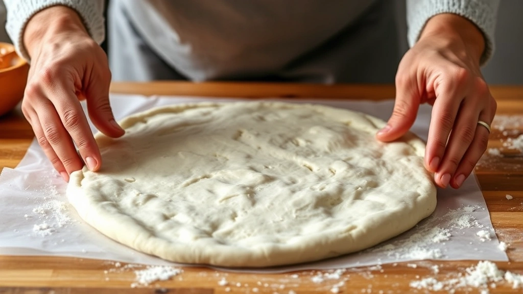 Hands stretching smooth gluten-free pizza dough on parchment paper, showing proper thickness and elasticity, bright kitchen lighting
