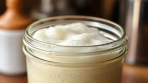 Close-up of bubbling gluten-free sourdough starter in glass jar showing active fermentation with foam on surface, warm kitchen lighting, shallow depth of field