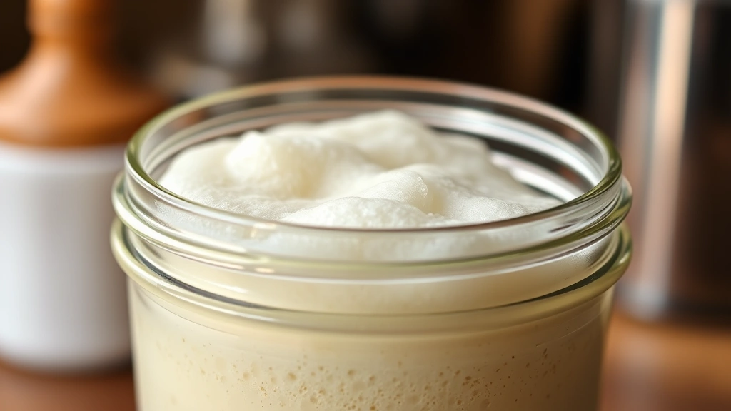 Close-up of bubbling gluten-free sourdough starter in glass jar showing active fermentation with foam on surface, warm kitchen lighting, shallow depth of field
