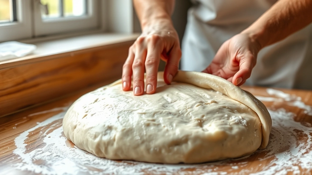 Wet gluten-free sourdough dough during stretch-and-fold process showing glossy texture and sticky consistency, baker's wet hand folding dough, natural daylight through kitchen window