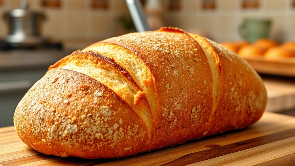 Golden-brown freshly baked gluten-free sourdough loaf with scored crust and crispy exterior cooling on wooden surface, steam rising, rustic kitchen background
