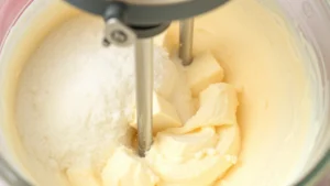Close-up of fluffy pale butter and granulated sugar mixture being creamed together in a glass mixing bowl with an electric mixer, showing light and airy texture