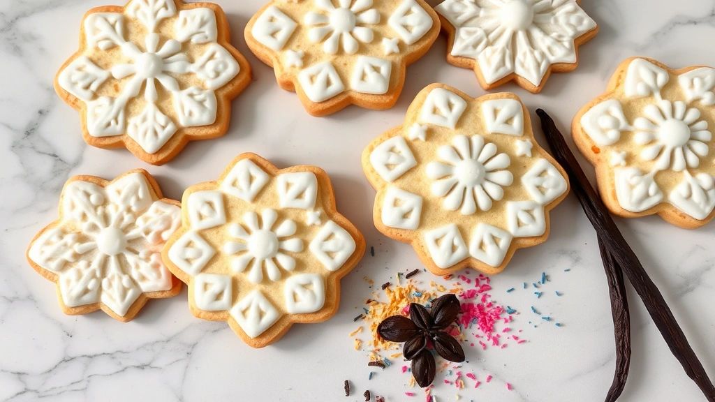 Decorated gluten-free sugar cookies with white royal icing designs, pearl dust shimmer, and colorful sanding sugar on a marble surface with fresh vanilla beans nearby