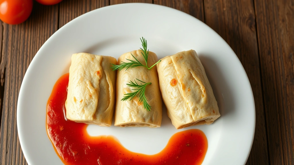 Close-up overhead shot of three finished golumpki rolls on a white plate with rich red tomato sauce pooled around them, steam rising, garnished with fresh dill sprigs, rustic wooden table background
