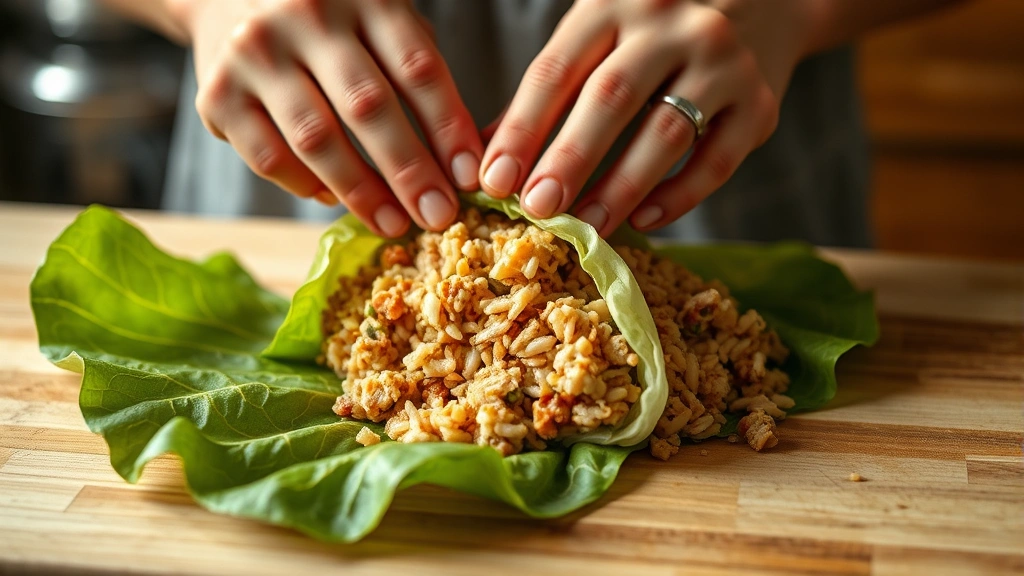 Hands carefully rolling a cabbage leaf filled with meat and rice mixture, showing proper rolling technique with tucked sides, soft natural lighting in a home kitchen setting