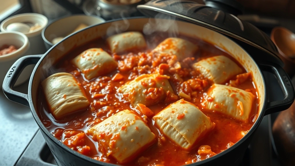 Wide shot of a large Dutch oven filled with golumpki rolls simmering in tomato sauce with visible sauerkraut, lid slightly ajar showing steam, aromatic home cooking scene