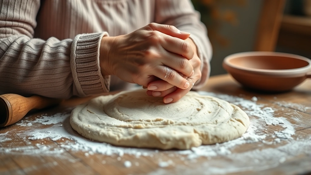 Close-up of grandmother's hands kneading bread dough on a wooden table, flour-dusted, warm kitchen lighting, rustic wooden spoon nearby, natural window light streaming across the work surface