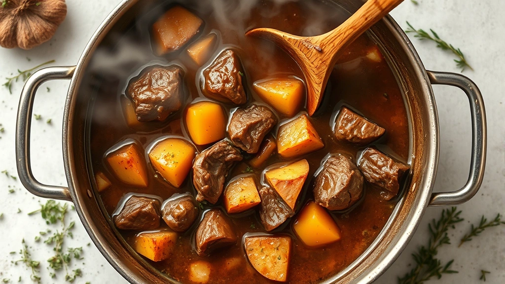 Overhead shot of a large bubbling pot of beef stew with tender chunks of meat, root vegetables, and rich brown broth, steam rising, wooden spoon resting on rim, herbs scattered on surrounding counter