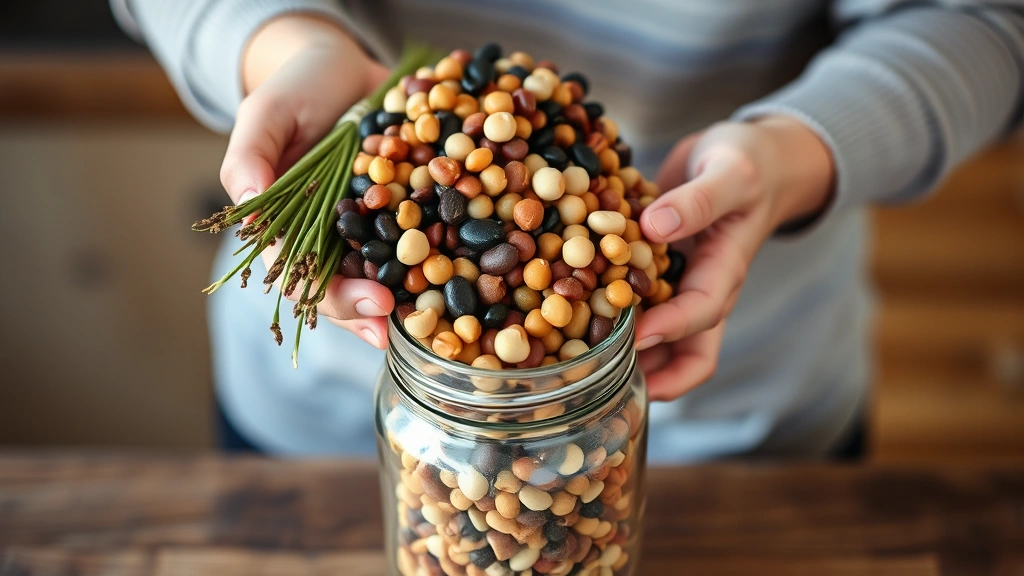 Hands holding a fresh bundle of mixed dried beans in various colors - black, pinto, chickpea, lentils - pouring into a glass jar, soft morning light, wooden countertop background