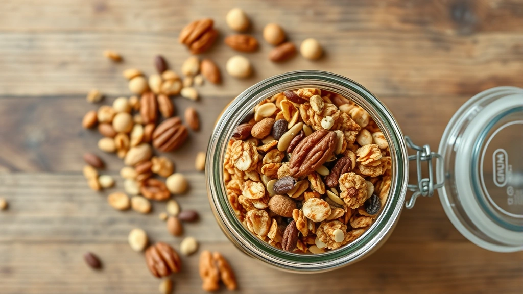 Overhead view of homemade granola in glass storage jar with various nuts and seeds scattered nearby, natural daylight, wooden surface background