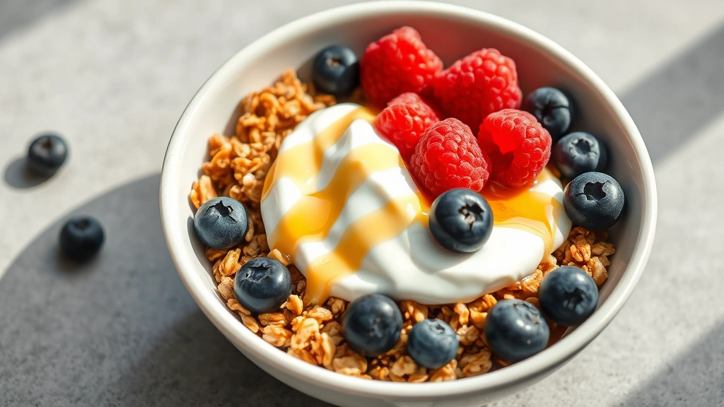 Bowl of homemade granola topped with fresh berries and Greek yogurt, drizzled with raw honey, fresh blueberries and raspberries, creamy texture visible, morning light