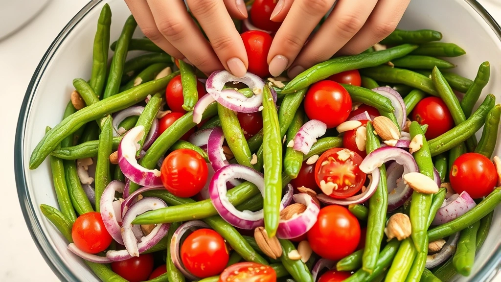 Close-up of hands tossing fresh green beans in a large bowl with red onion slices and cherry tomatoes, olive oil vinaigrette coating each bean, almonds visible, bright kitchen setting