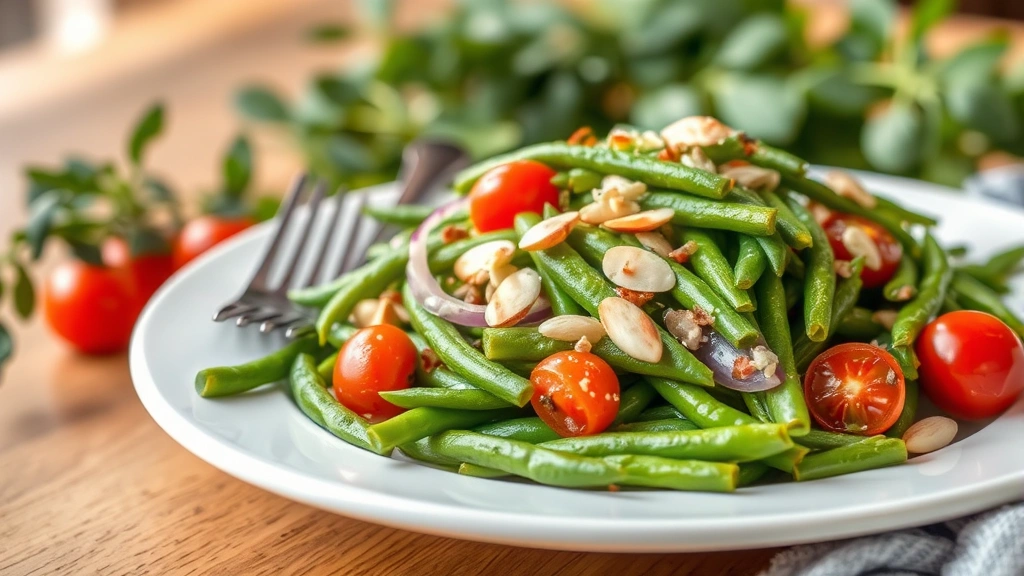 Plated green bean salad on a white dinner plate, artfully arranged with almonds, cherry tomatoes, and red onion visible, fork beside plate, garden herbs in soft focus background, warm natural lighting