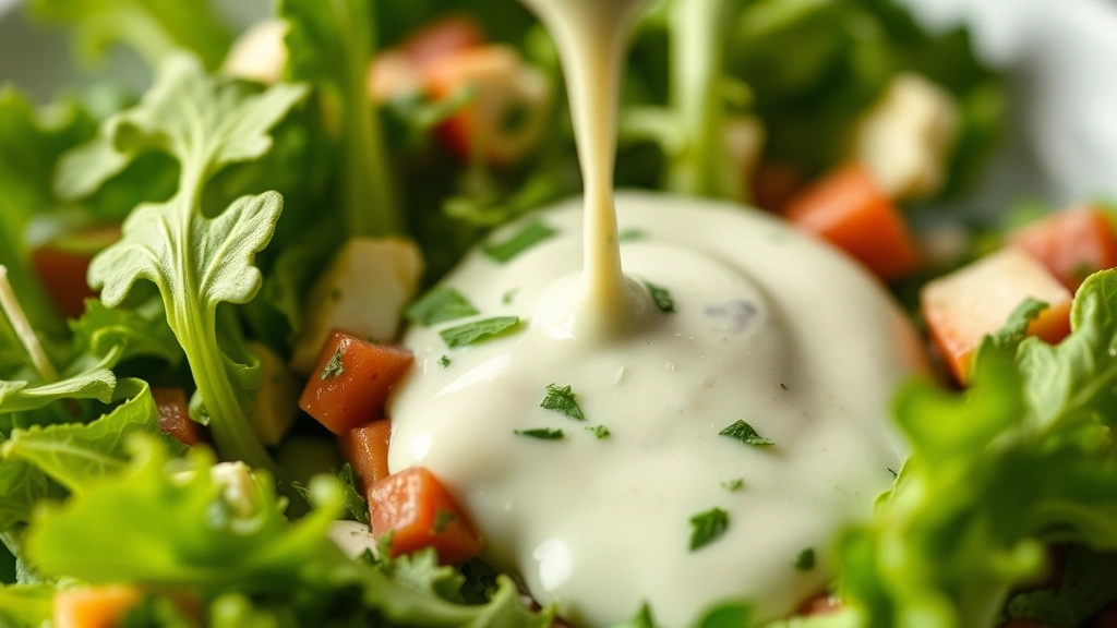 Close-up of creamy green goddess dressing being drizzled over mixed salad greens, fresh herbs and dressing clearly visible, professional plating style, shallow depth of field highlighting dressing texture
