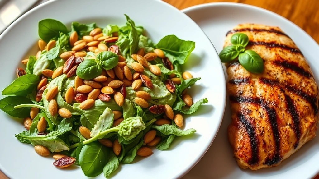 Finished green goddess salad plated on white dish, garnished with toasted pumpkin seeds and fresh basil, arranged with grilled chicken breast on the side, restaurant-style presentation, warm natural lighting