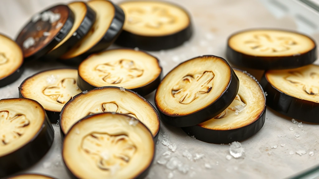Sliced eggplant rounds with salt crystals on parchment paper, showing moisture beading on surface, professional kitchen setting, soft natural daylight