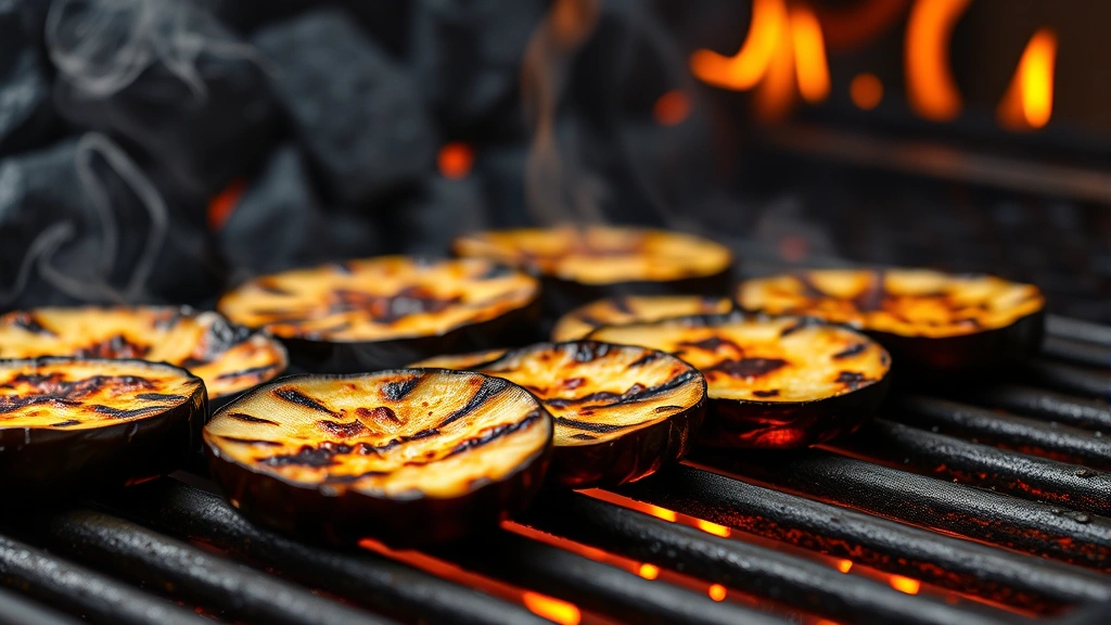 Charred eggplant slices on hot grill grates with visible caramelization marks, steam rising, golden-brown crusted exterior, vibrant flames in background