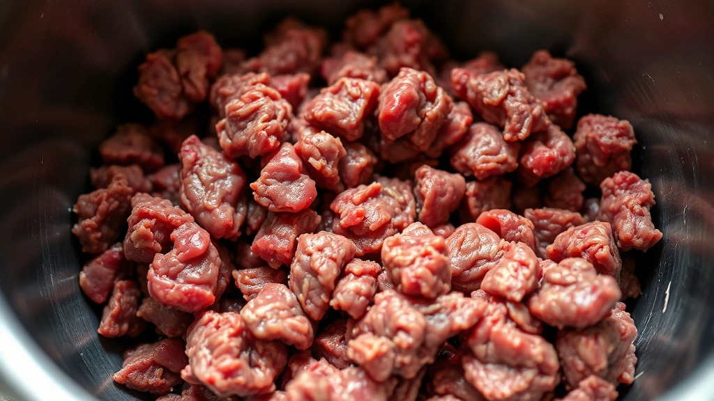 Close-up of raw ground bison meat in a stainless steel bowl, showing texture and rich dark color, natural lighting from above, shallow depth of field