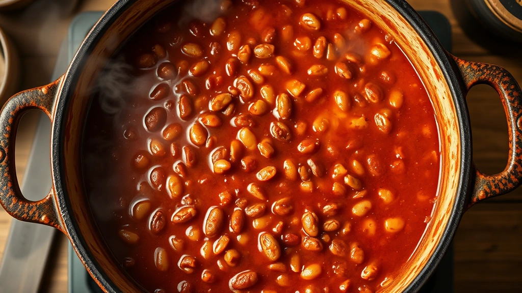 Overhead shot of simmering bison chili in a rustic Dutch oven, bubbling gently, vibrant red sauce with visible beans, aromatic steam rising, warm kitchen lighting