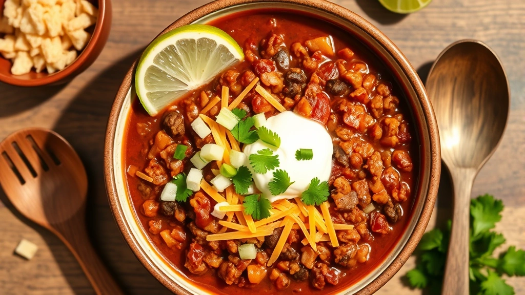 Overhead flat lay of finished ground bison chili served in a ceramic bowl, topped with diced onions, shredded cheese, fresh cilantro, sour cream dollop, lime wedge, wooden spoon nearby, natural daylight
