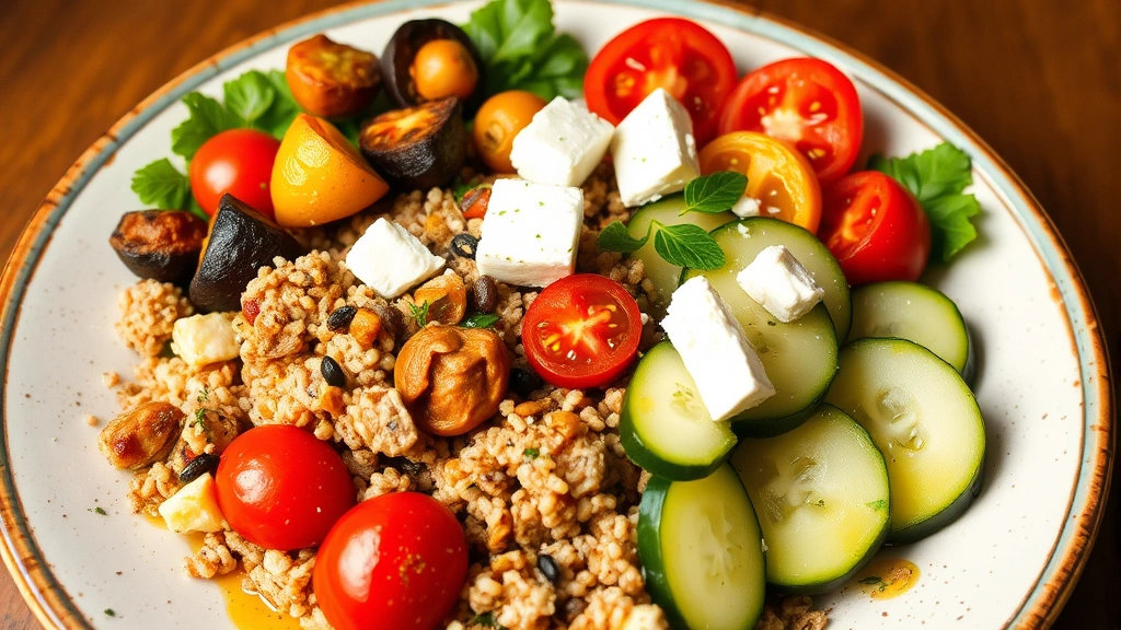 Colorful Mediterranean ground turkey bowl with quinoa, roasted vegetables, cherry tomatoes, cucumber, feta cheese, and lemon-olive oil drizzle on ceramic plate