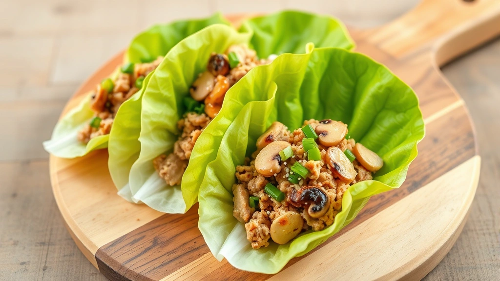 Rustic ground turkey lettuce wraps with butter lettuce leaves filled with cooked turkey, water chestnuts, mushrooms, green onions, and sesame seeds on wooden board