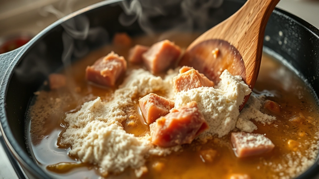 Close-up of sizzling ham fat and flour roux in a cast iron skillet, golden brown color, steam rising, wooden spoon stirring, warm kitchen lighting