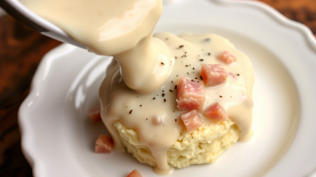 Creamy ham gravy being poured over fluffy buttermilk biscuits on a white ceramic plate, garnished with fresh cracked black pepper and diced ham pieces visible