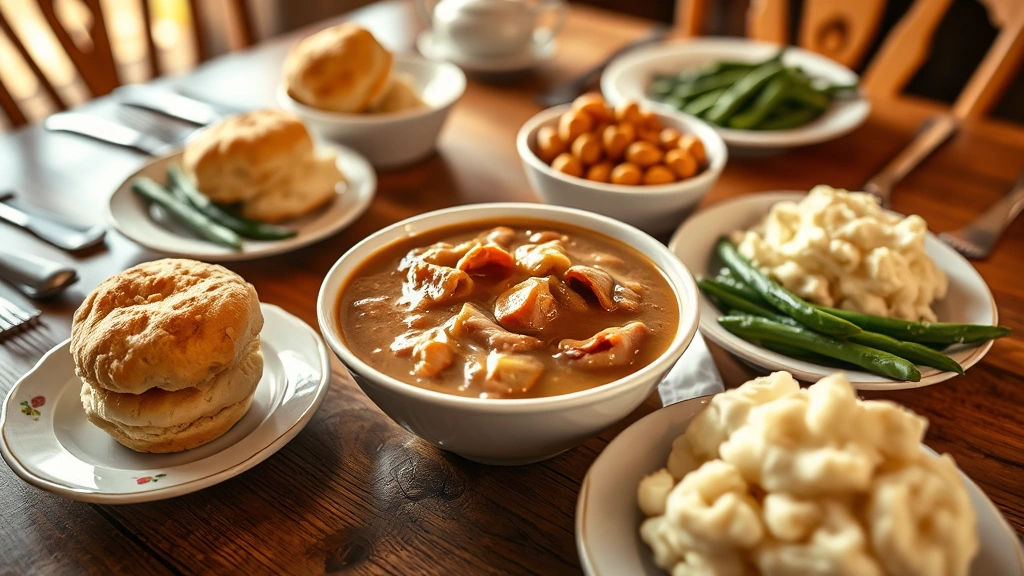 Family-style table setting with bowl of finished ham gravy in center, surrounded by biscuits, mashed potatoes, and green beans, warm golden hour lighting, rustic wooden table