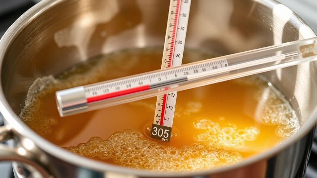 Close-up of a candy thermometer reading 305 degrees Fahrenheit inserted into bubbling golden sugar syrup in a stainless steel saucepan, steam rising gently, natural kitchen lighting