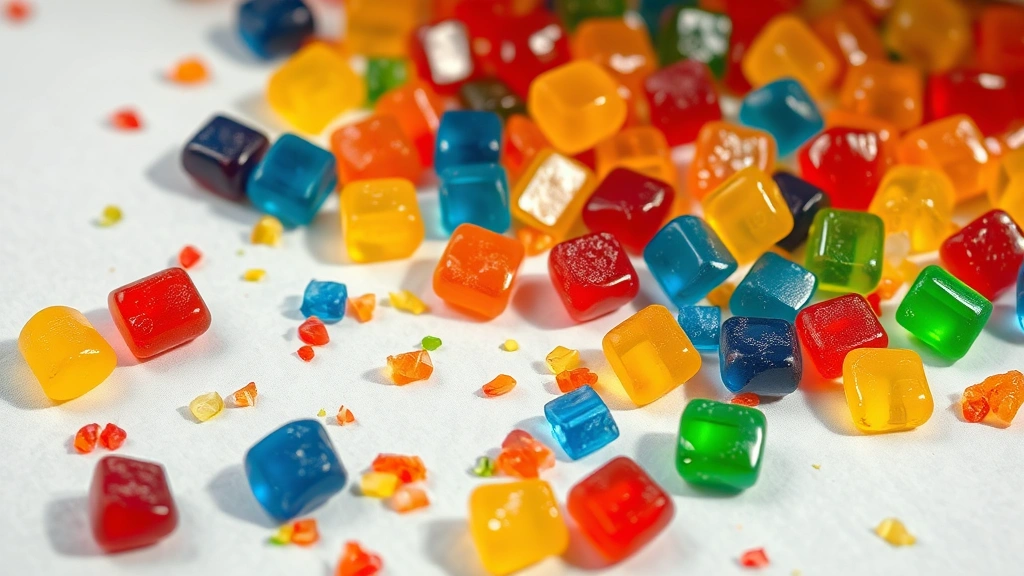 Colorful hard candies in jewel tones—ruby red, sapphire blue, amber yellow, and emerald green—scattered on white parchment paper, freshly broken into irregular pieces, glossy surface catching light