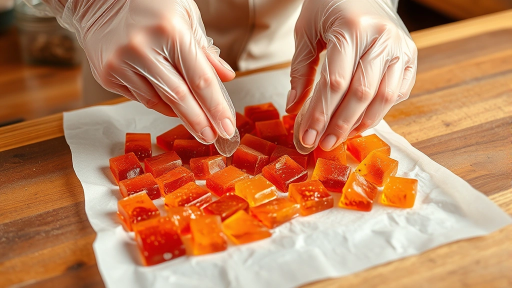 Hands wearing clear food-safe gloves breaking apart a sheet of cooled hard candy along natural fracture lines, creating individual candy pieces on parchment paper, warm kitchen background