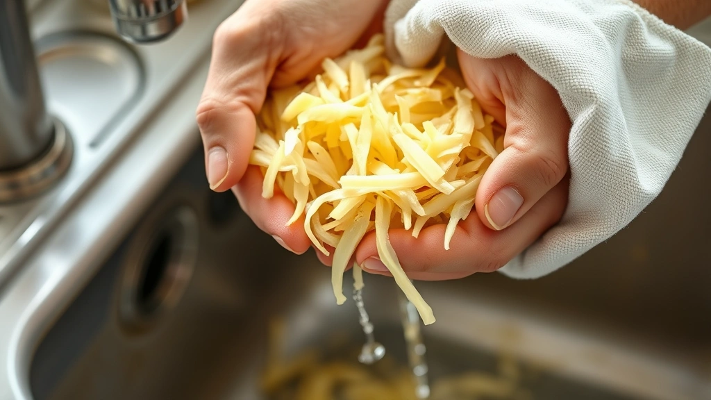 Close-up of hands squeezing shredded potatoes in a kitchen towel over a sink to remove excess moisture, water dripping
