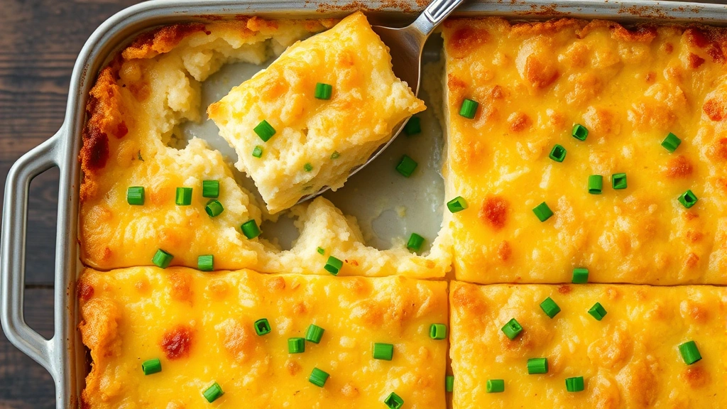Overhead view of finished hashbrown casserole cut into squares with a serving spoon, showing creamy interior with golden top, garnished with fresh chives on a rustic wooden surface