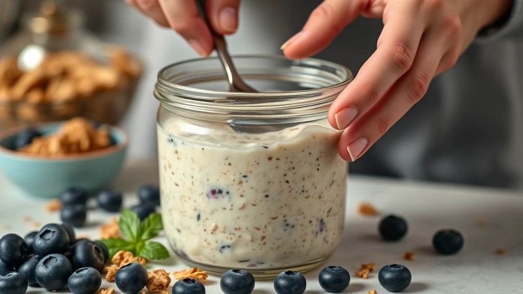 Close-up action shot of hands stirring creamy overnight oats mixture in glass container with fresh blueberries and granola scattered nearby, warm kitchen lighting
