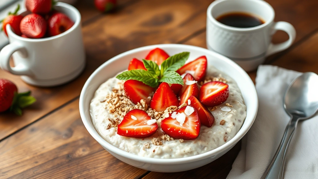 Beautifully plated overnight oats bowl topped with sliced fresh strawberries, coconut flakes, granola drizzle, and mint leaf, white ceramic bowl on wooden table with coffee cup in background