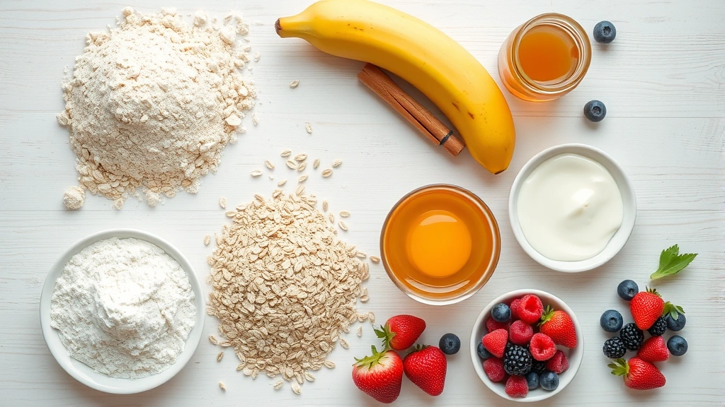 Overhead flat lay of waffle ingredients arranged artfully: whole wheat flour, oat flour, Greek yogurt, fresh banana, eggs, cinnamon stick, honey jar, and fresh berries on light wood surface