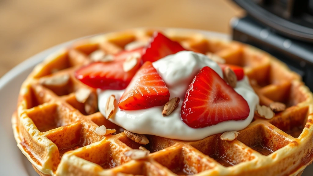 Close-up of a crispy waffle fresh from iron with steam rising, topped with Greek yogurt dollop, fresh strawberries, and almonds, showing texture detail and golden color