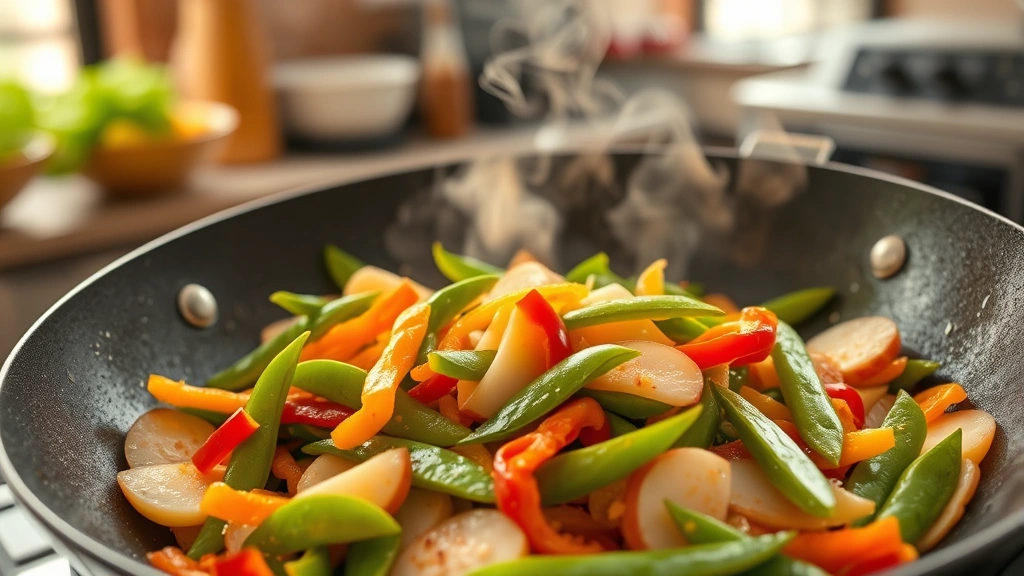 Vibrant Asian stir-fry with sliced hearts of palm, bell peppers, snap peas in wok with steam rising, professional kitchen setting, warm natural lighting