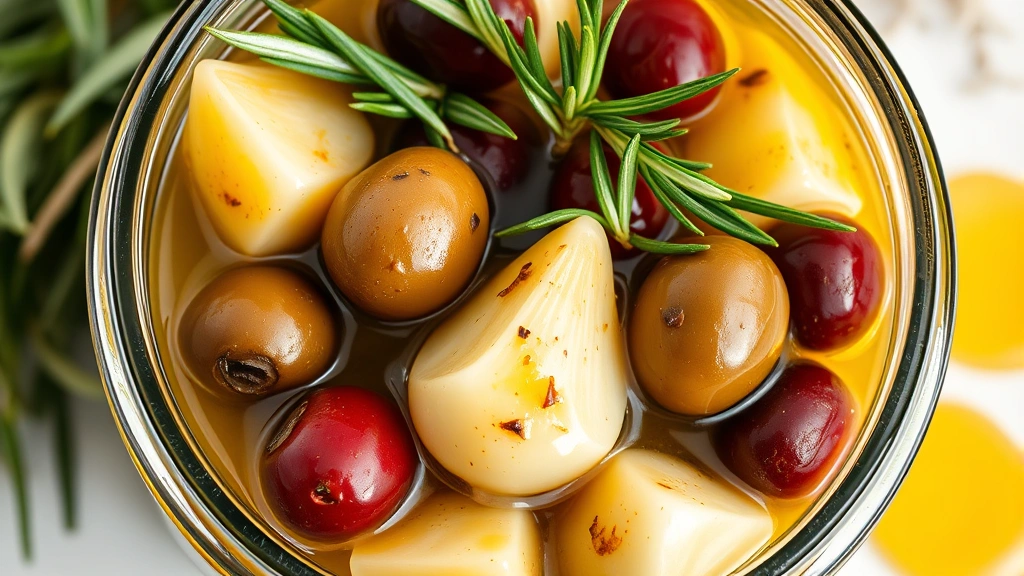 Marinated hearts of palm antipasto in glass jar with olives, artichokes, rosemary sprigs, visible olive oil and herbs, appetizing close-up shot, natural daylight