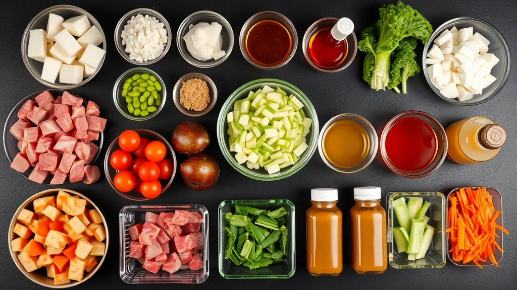 Overhead shot of organized mise en place with cubed proteins, sliced vegetables, squeeze bottles of sauces and oils, arranged in neat containers on dark surface