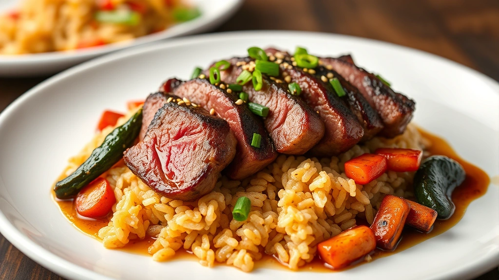 Finished hibachi plate with perfectly cooked steak, caramelized vegetables, fried rice, and sauce drizzle, garnished with sesame seeds and green onion, professional plating on white ceramic