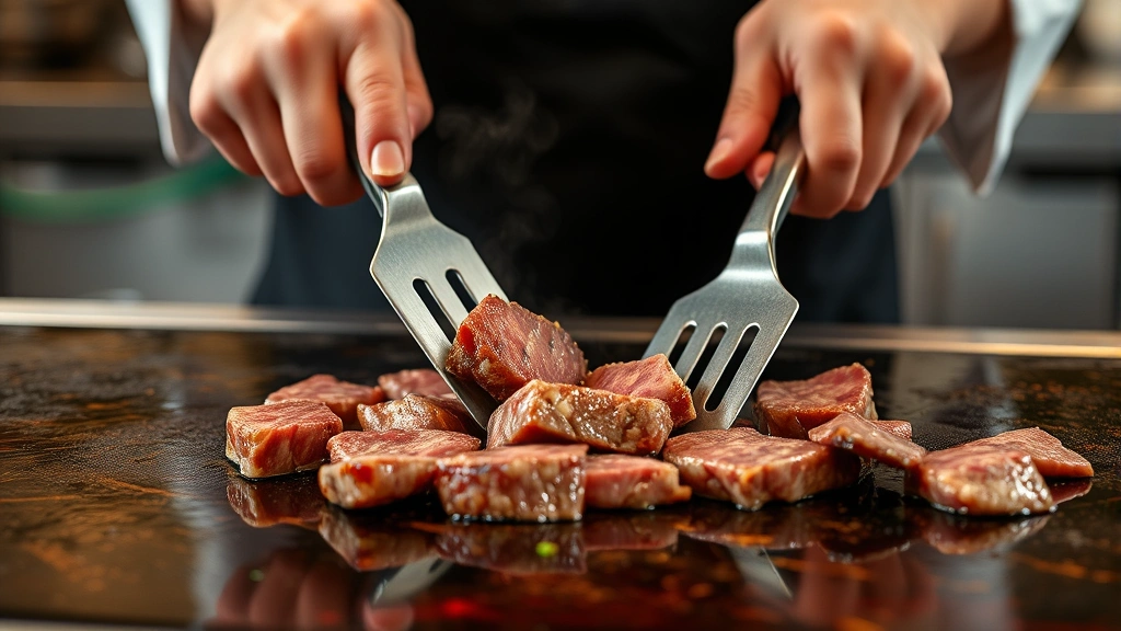 Close-up of chef's hands using two metal spatulas to chop and manipulate steak pieces on hot griddle surface, demonstrating professional hibachi technique with precision